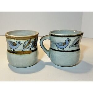 Vtg Mexican Tonala Pottery Cream And Sugar Painted Blue Bird Signed